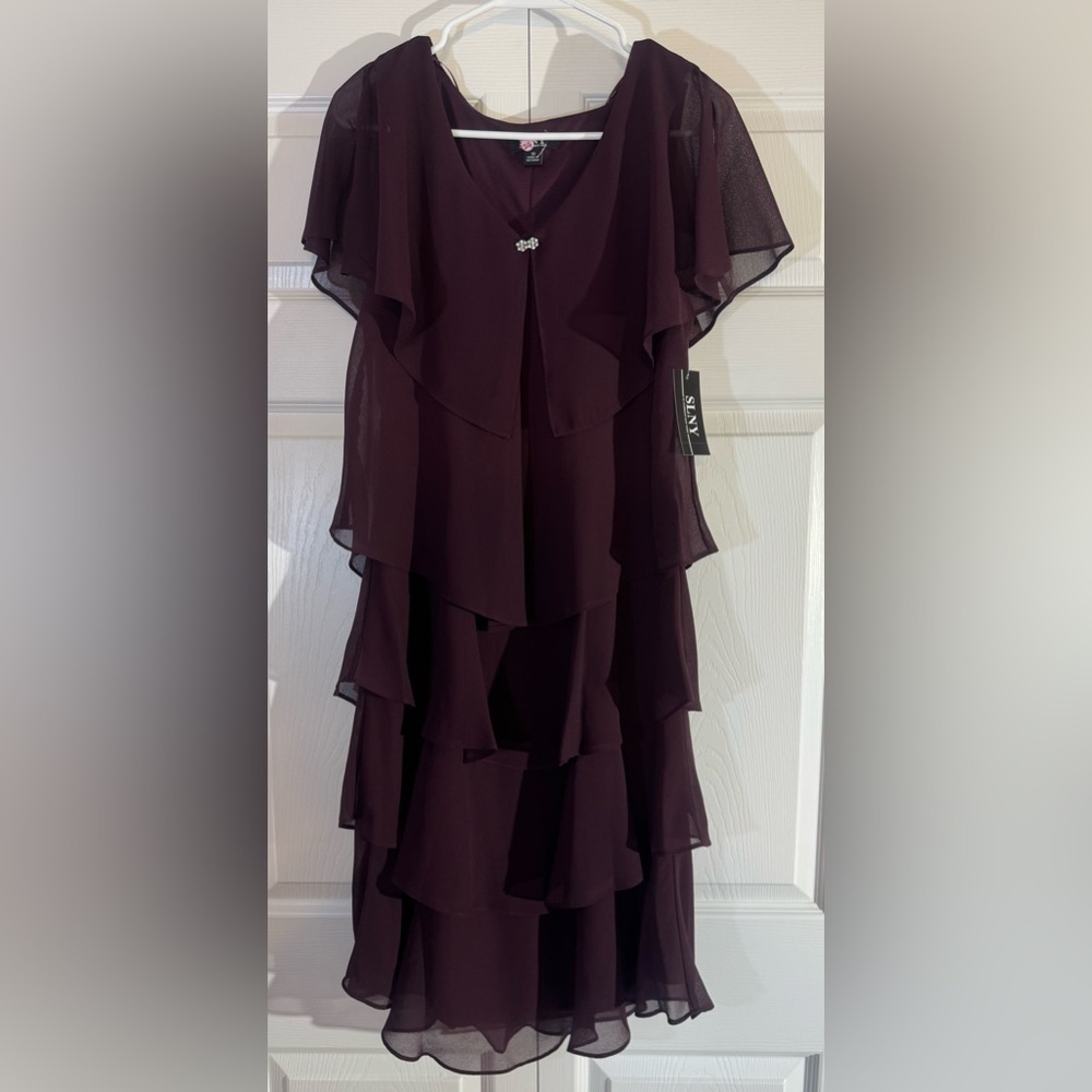 SLNY High Low Sundress with Flutter Sleeves in “Fig” Size 10P